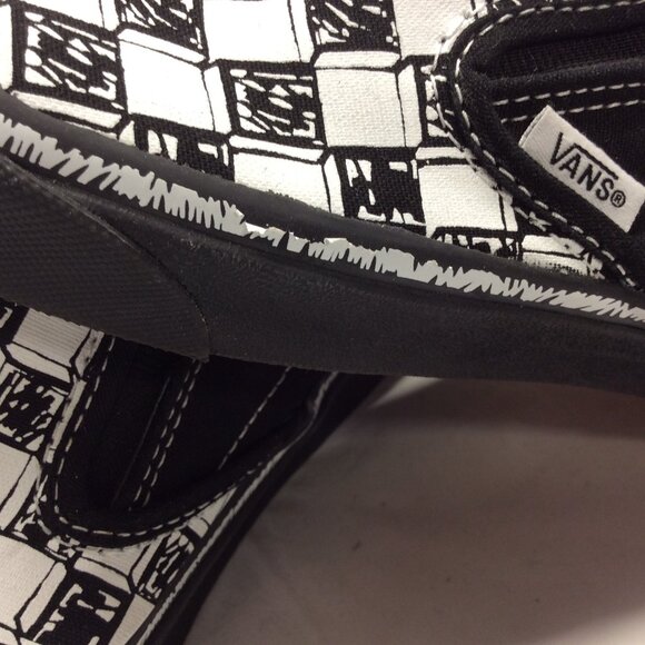 Vans Skate Shoes Men 7.5 Women 9 Black White Canvas Doodle Checkerboard Slip On - Picture 4 of 9